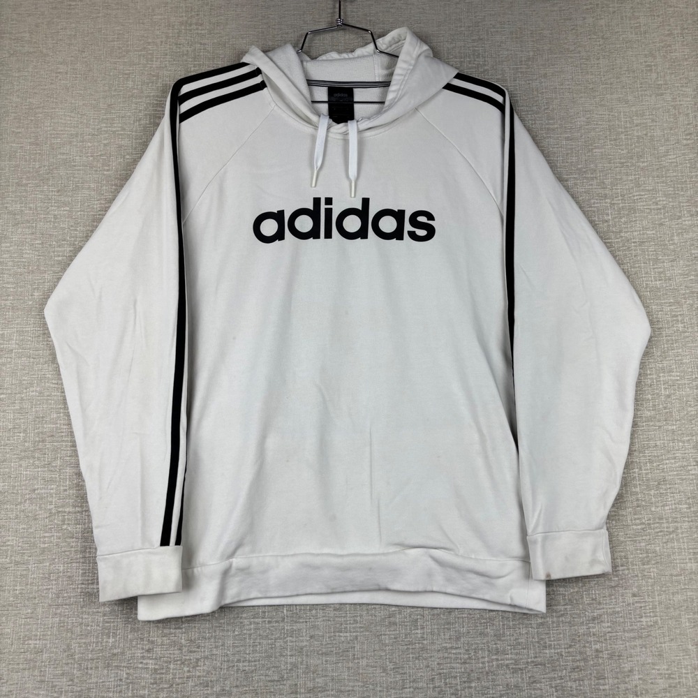 Adidas Mens Large White 3-Stripe Pullover Hoodie Black Logo Sweatshirt
